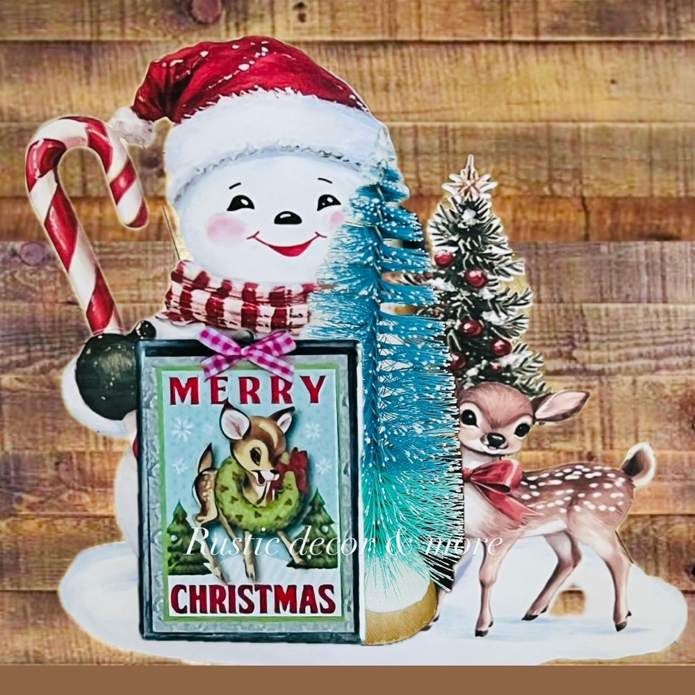 Vintage Festive Reindeer Sign With Blue Ombré Flocked Christmas Tree